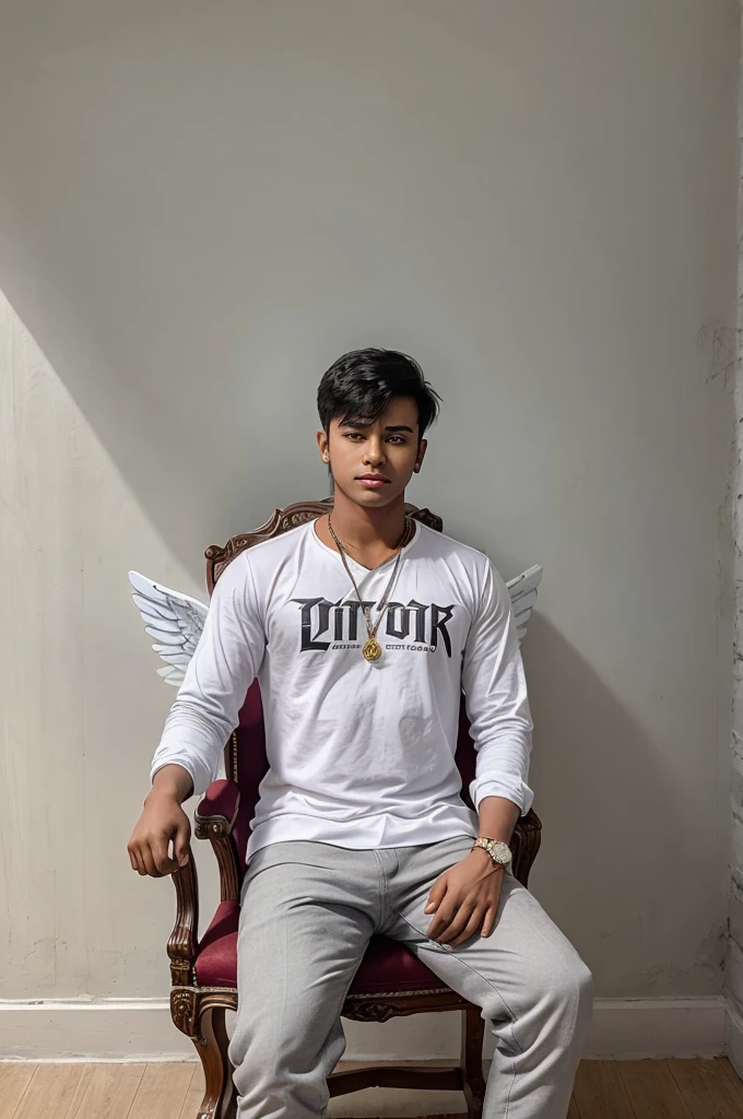 Create image a 18 year old boy is sitting on a king chair with white wings and behind him the color of the wall  is gray on which "D BOSS LOVER CHETU" is written in curve style