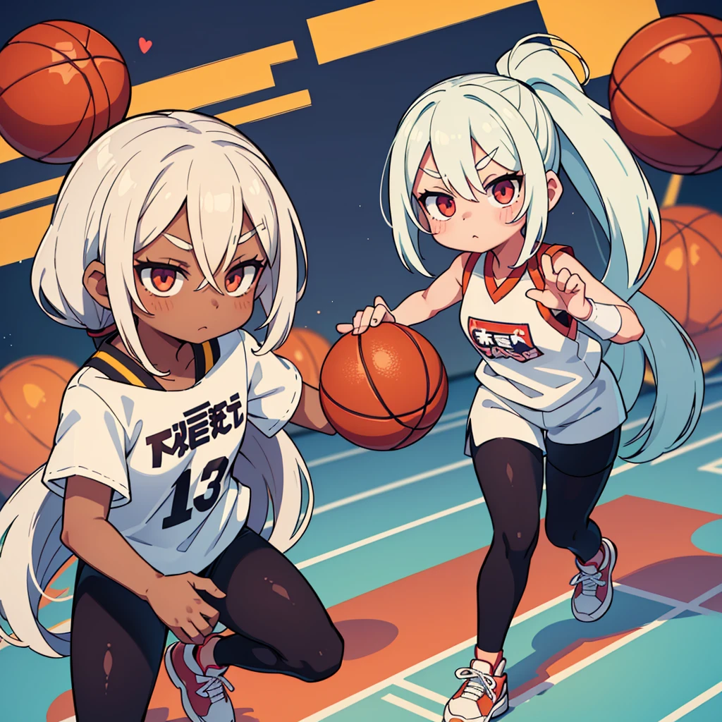 Stand in front of the photo、1girl in, (((dark skin))), Full body, long wild white hair pulled back, sneakers, look of concentration, kawaii pose, sporty, basketball, Wearing colored tights, up of face、Eye Up、Colorcon with heart pattern, basketball clothing, posing with basketball、