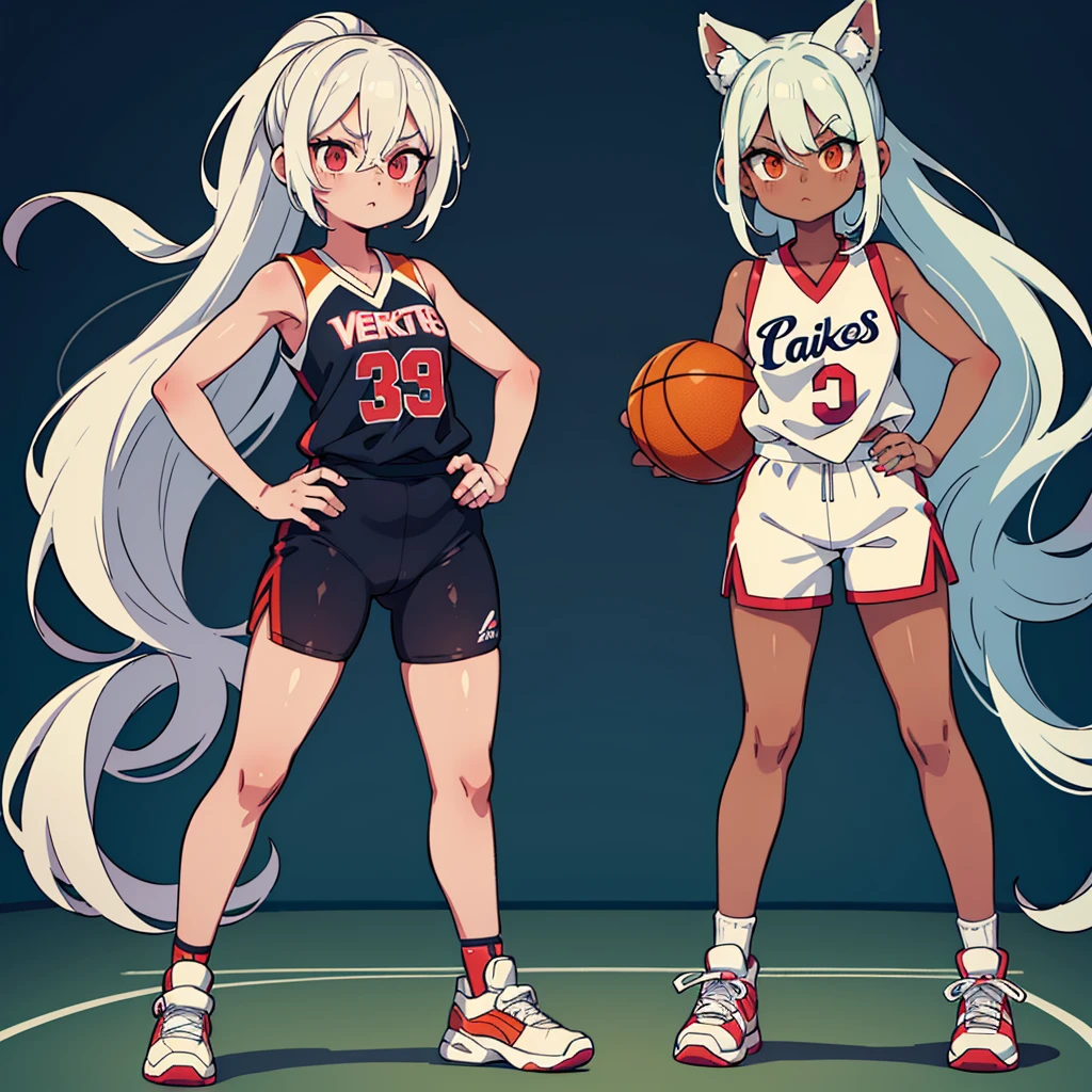 Stand in front of the photo、1girl in, (((dark skin))), Full body, long wild white hair pulled back, sneakers, look of concentration, kawaii pose, sporty, basketball, Wearing colored tights, up of face、Eye Up、Colorcon with heart pattern, basketball clothing, posing with basketball、