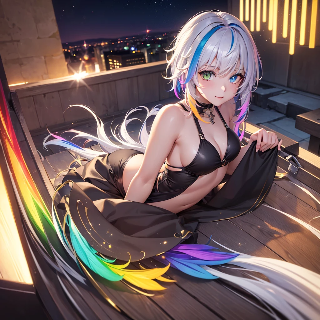 {{masterpiece}}, best quality, extremely detailed CG unity 8k wallpaper, cinematic lighting, lens flare, beautiful detail eyes, black,  side glance,  multicolor short white hair, colorful light, particles, heterochromia, (colorful:1.5), (colorful hair:1.5), show body goal, swimsuit, rooftop view, night,