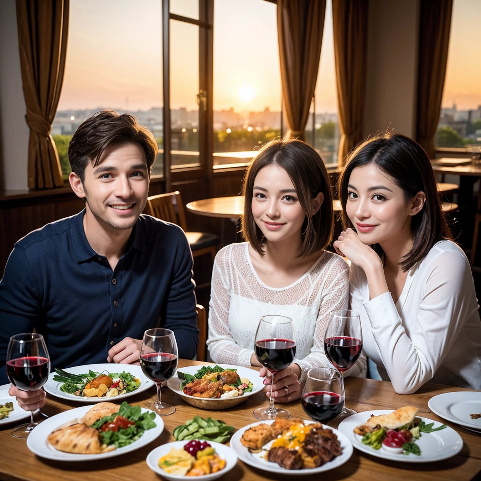 ((Highest quality、8K、masterpiece:1.3))、 (Ultra-realistic、 Genuine、Bright image、Intricate details:1.2), 最高のsmile、1 male 1 female、Beautiful couple、love love love、Lovers in Paris、Good friends、actress couple、smile、Full-course dinner at a packed table、 (Slim face), (the body is slim), (Brown Hair), (short hair), テーブルのwine glass、Please shine a light on my face、 Amazing view of the sunset sky and clouds、 years old 39 years old, red wine 、Appetizers、Wine bottle、sparkling wine、Long sleeve shirt、dress、White wine, red wine, wine glass,