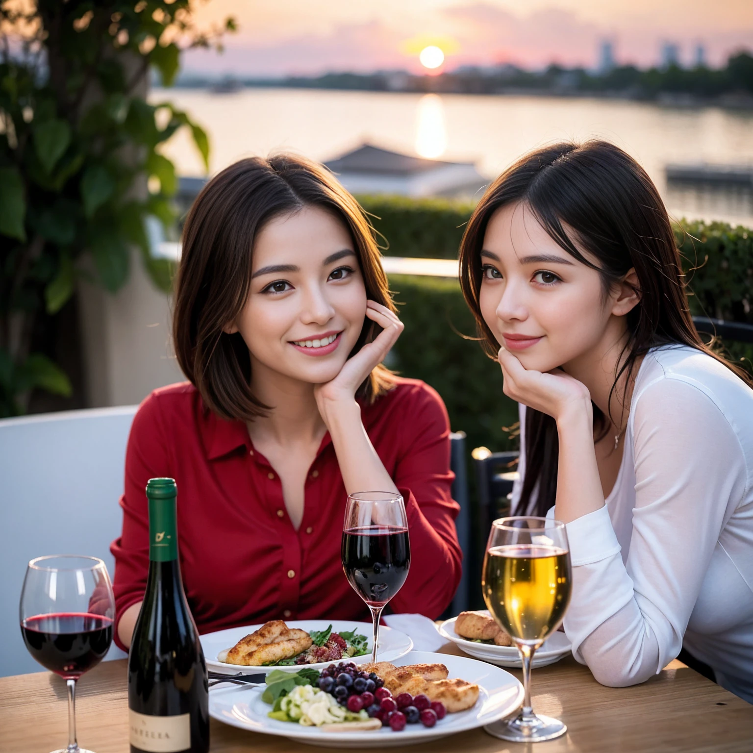 ((Highest quality、8K、masterpiece:1.3))、 (Ultra-realistic、 Genuine、Bright image、Intricate details:1.2), 最高のsmile、1 male 1 female、Beautiful couple、love love love、Lovers in Paris、Good friends、actress couple、smile、Full-course dinner at a packed table、 (Slim face), (the body is slim), (Brown Hair), (short hair), テーブルのwine glass、Please shine a light on my face、 Amazing view of the sunset sky and clouds、 years old 39 years old, red wine 、Appetizers、Wine bottle、sparkling wine、Long sleeve shirt、dress、White wine, red wine, wine glass,