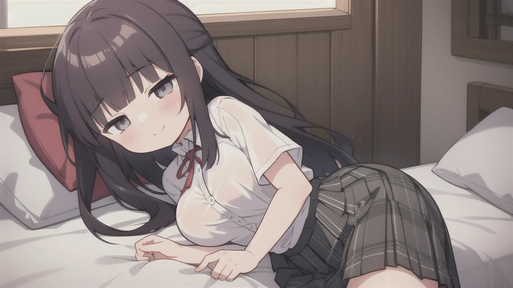 (masterpiece, best quality),
1girl, lying, on side, from side,cowboy shot, one hand under chin, head in pillow, one hand on thighs,
BREAK girl, 15 yo, (:1.5), black hair, (medium long hair:1.2), bobcut, (hair between eyes:0.5), (straight hair:1.3), grey eyes, ultra detailed eyes, (:1.1), hanging , (tareme:1.3), smile,half-closed eyes, blush

BREAK (school uniform), (white collared shirt, plain pattern shirt, short sleeves, shirt tucked in:1), (red plain pattern neck ribbon, narrow neck ribbon:1.1), (unbuttoned, button gap:1.2),
BREAK (black and grey plaid pattern skirt:1), (pleated skirt, :1.2),

BREAK bedroom, on bed, window, sidelighting, pillow,夜