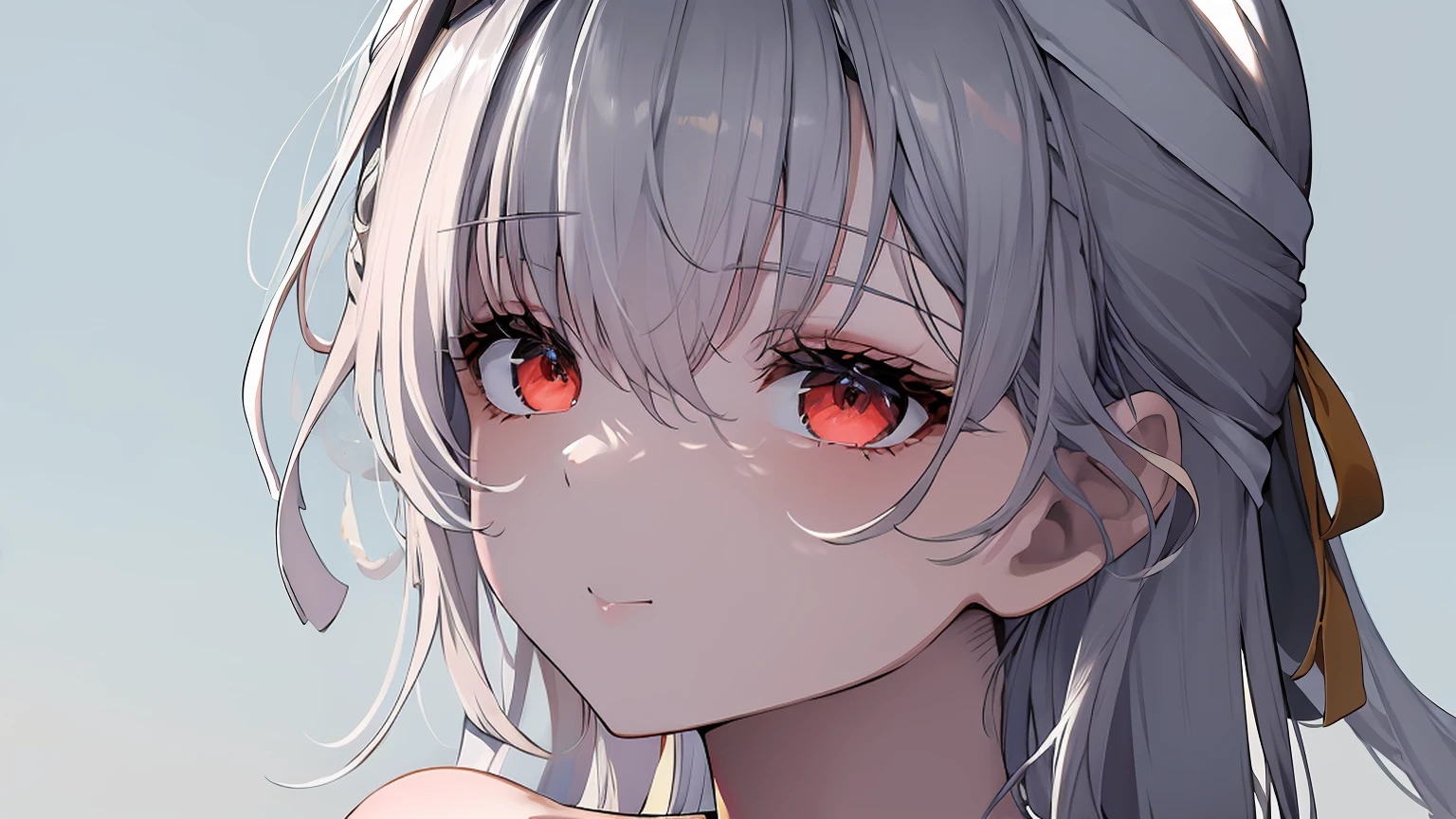 ((((Obra maestra, La mejor calidad, ultrahigh resolution)))), 1girl, standing, (cute maid costume), ((long pure silver hair and grey mesh hair, hair over eye)), long hair cut, pale skin, ((red eyes)), glowing_eyes, neon eyes, (ultra detailed eyes:0.7, beautiful and detailed face, detailed eyes:0.9), ((centered)), smile, ((wide shot)), facing viewer, ((vibrant background, bright lighting, summer, sunlight)), flat chested, looking at viewer, ((half closed eyes)), ((perfect hands)), (((head:1, arms, hips in view, elbows, arms, legs, in view))), ((hands behind back)), empty eyes, beautiful lighting, ((outside, outdoors)), defined subject, head tilt, (((gritty)), ((creepy)), ((cool)), ((beautiful)), (((SFW)))