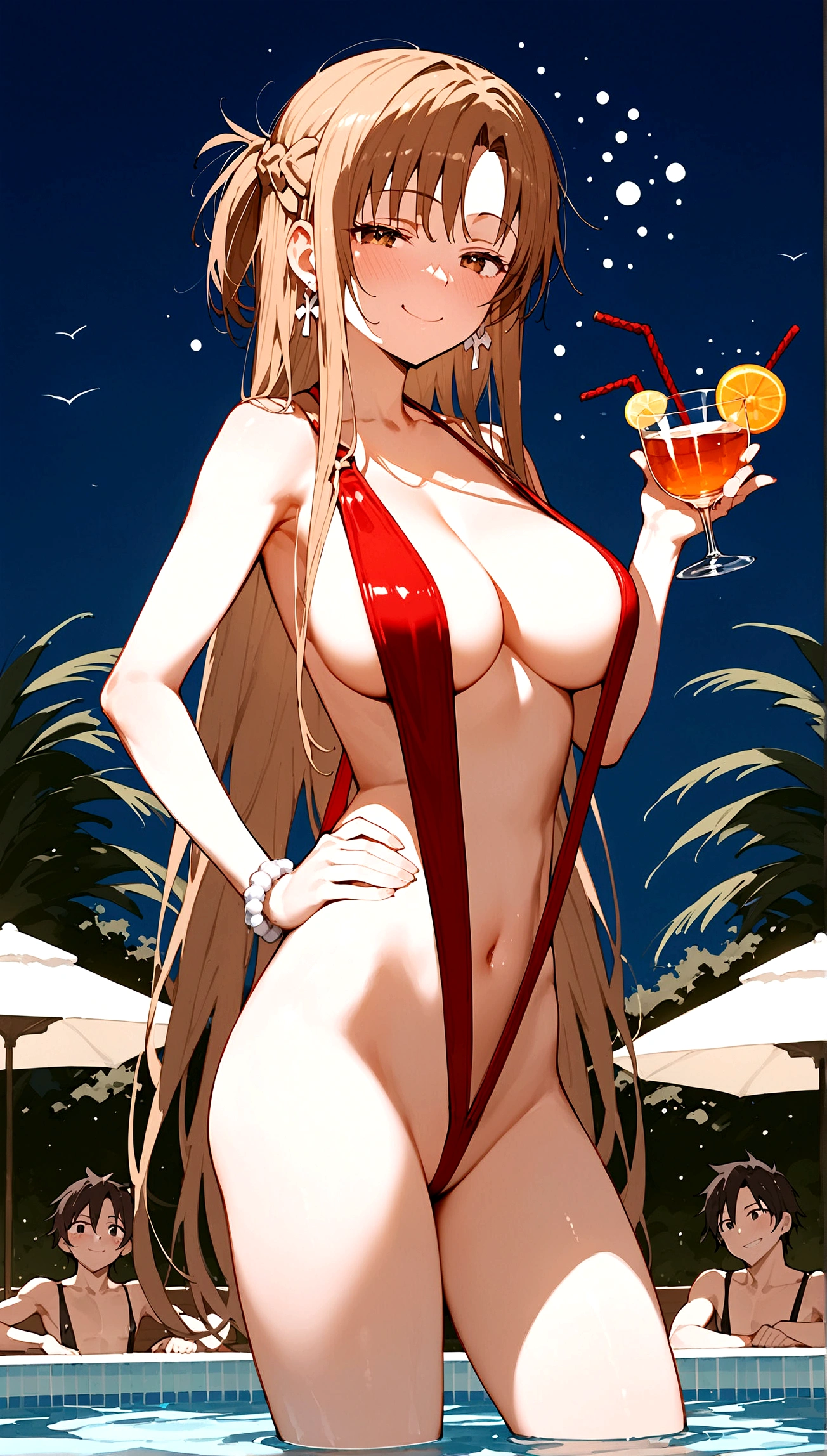score_9,score_8_up,score_7_up,18 year old,female focus,1girl,asuna \(sao-alo\), sword art online,yuuki asuna,nsfw,brown eyes, brown hair, long hair, bangs, braid,standing,legs up,hand on hip, holding cup,drunk-smirk,blush,large breasts,brown hair,parted hair,long hair,red Slingshot swimsuit,plunging neckline,center opening,cleavage,navel,earrings,bracelet,pool-party ,multiple-black people,surrounding by 5 strong boys/(black people)/