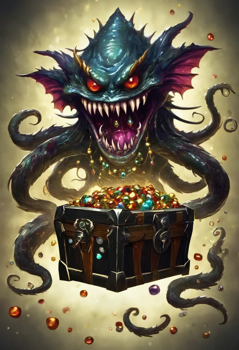 a creepy one-eyed monster with sharp fangs, long tentacles, and scattered jewels, a dark and horrifying treasure chest creature, greedy