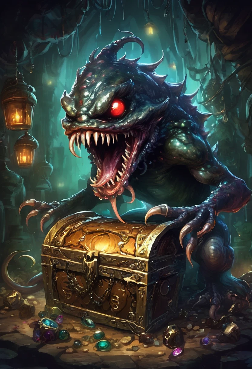 a creepy one-eyed monster with sharp fangs, long tentacles, and scattered jewels, a dark and horrifying treasure chest creature, greedy
