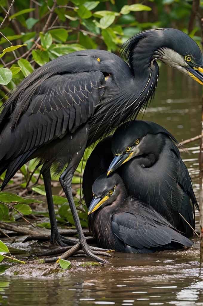 Many people have gathered to see a black heron putting her baby to sleep 