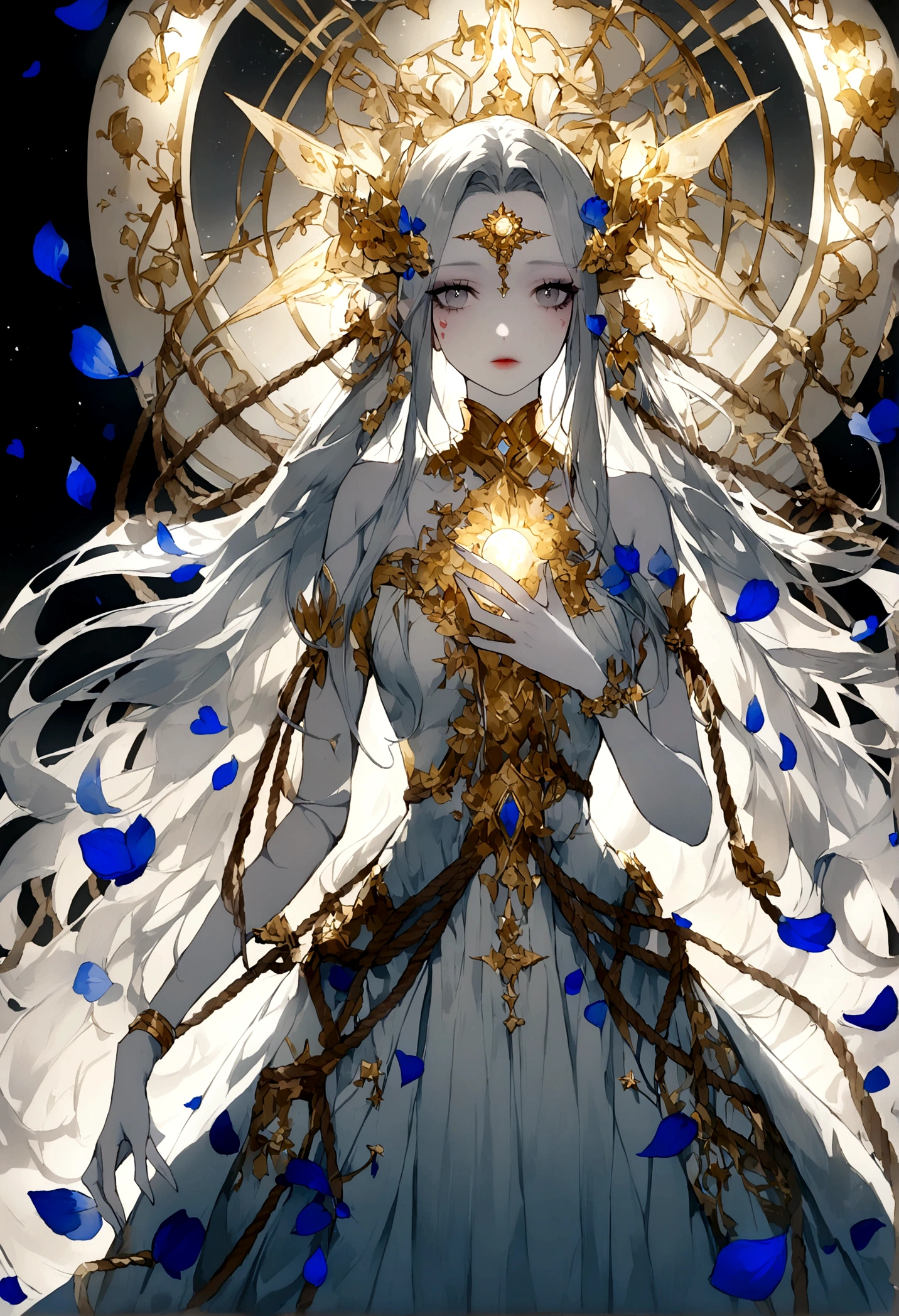 Goddess of the Stars, Perfect woman, ( Pale skin, Slim, Gray eyes, Long hair, Beauty mark), dress, Gold and rope accessories,Receive light from the front, Ethereal Light, Blue petals