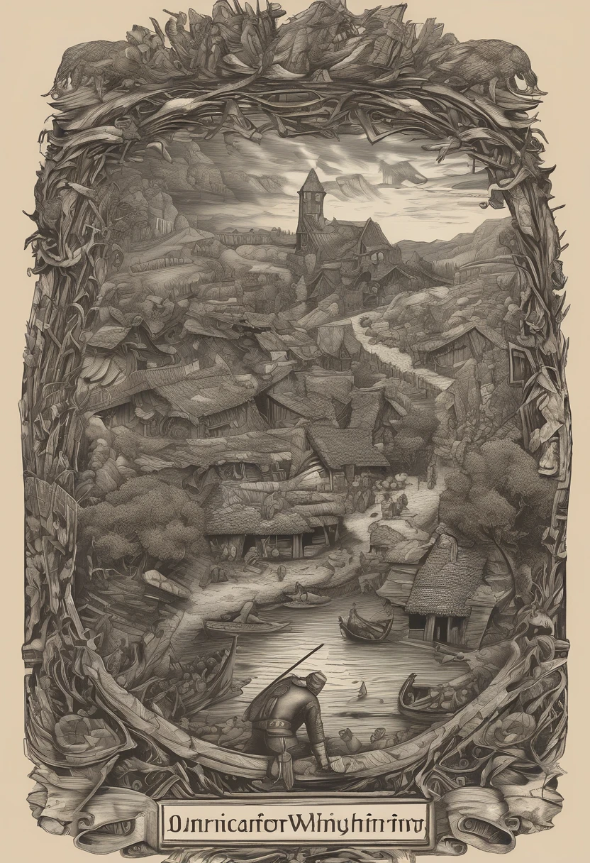 (Award-winning masterpiece:1.5), (incredible detail), (hyper realistic:1.4), (whole body:1.7), (medieval viking village under attack), (brutal creature launching an assault), (houses ablaze), (villagers screaming in panic), (detailed depiction of destruction), (dramatic lighting), (intricate details:1.1)