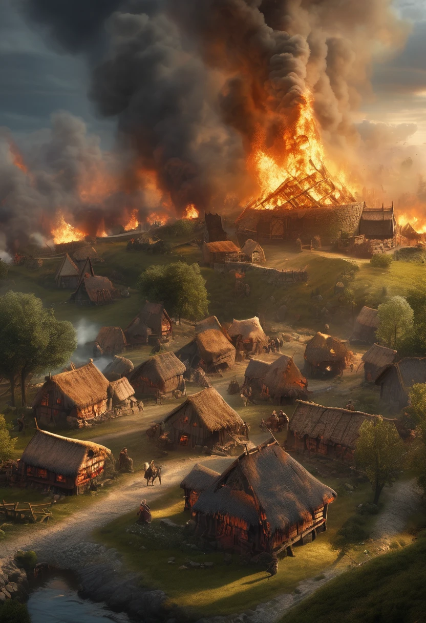 (Award-winning masterpiece:1.5), (incredible detail), (hyper realistic:1.4), (whole body:1.7), (medieval viking village under attack), (brutal creature launching an assault), (houses ablaze), (villagers screaming in panic), (detailed depiction of destruction), (dramatic lighting), (intricate details:1.1)