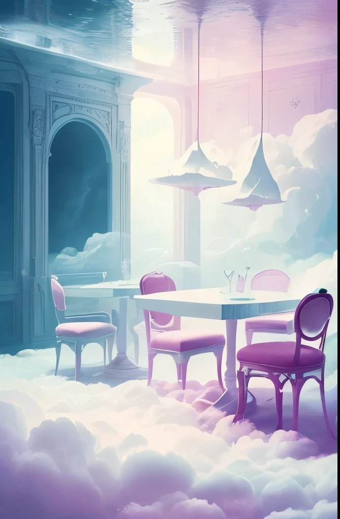 there is a cloud filled room with tables and chairs, an album cover by Romain brook, trending on pexels, surrealism, ethereal and dreamy theme, dreamy atmosphere and drama, very magical and dreamy, cafe in the clouds, smoke filled room, dreamy ethereal vibe, in the white clouds fairyland, cotton candy clouds, sitting in a fluffy cloud, heaven pink