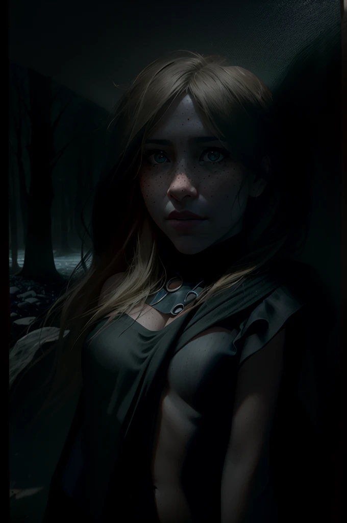 deep shadow, sinister, award winning photo, best quality, masterpiece, upper body, woman, freckled face, windblown blonde hair, emerald eyes, modern strapless dress by Jeremy Lipking, by Antonio J. Manzanedo, by lee jeffries nikon d850 film stock photograph 4 kodak portra 400 camera f1.6 lens rich colors hyper realistic lifelike texture dramatic lighting unreal engine trending on artstation cinestill 800, fisheye lens, Style-Kilt, windy beach, scottish loch, forest