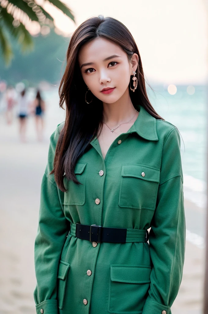 1 Girl, Solitary, Practical, Smile, Head tilt,  Pink slip dress, Grin, Upper Body,  ( Beach,  background:1.5),  (OK:1.5), ulzzang-6500v1.1, (The original: 1.2), (Practical: 1.3) , beautiful girl，Beautiful details, Extremely detailed eyes and face, 眼睛有着Beautiful details, absurd, incredibly absurd, Huge file size, Ultra Detailed, high resolution, Ultra Detaileded, 最OK质量, masterpiece, illustration, Ultra Detaileded and beautiful, Ultra Detaileded, CG, Unite, 8k wallpaper, Astonishing, Fine details, masterpiece, Top quality, Official Art, extremely detailed CG Unite 8k wallpaper, light, (Perfect radiant skin:0.6), Slim and smooth lines, (floating), (Small Breasts:1),  Diamond Earrings, 