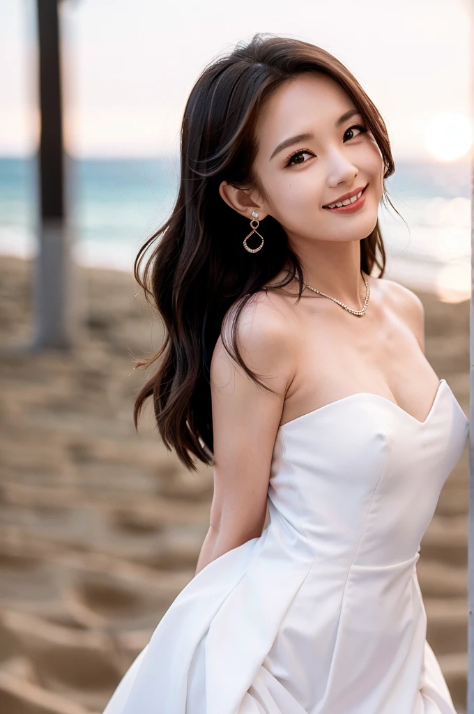1 Girl, Solitary, Practical, Smile, Head tilt, Pink slip dress, Grin, Upper Body, ( Beach, background:1.5), (OK:1.5), ulzzang-6500v1.1, (The original: 1.2), (Practical: 1.3) , beautiful girl,Beautiful details, Extremely detailed eyes and face, 眼睛有着Beautiful details, absurd, incredibly absurd, Huge file size, Ultra Detailed, high resolution, Ultra Detaileded, 最OK质量, masterpiece, illustration, Ultra Detaileded and beautiful, Ultra Detaileded, CG, Unite, 8k wallpaper, Astonishing, Fine details, masterpiece, Top quality, Official Art, extremely detailed CG Unite 8k wallpaper, light, (Perfect radiant skin:0.6), Slim and smooth lines, (floating), (Small Breasts:1), Diamond Earrings,