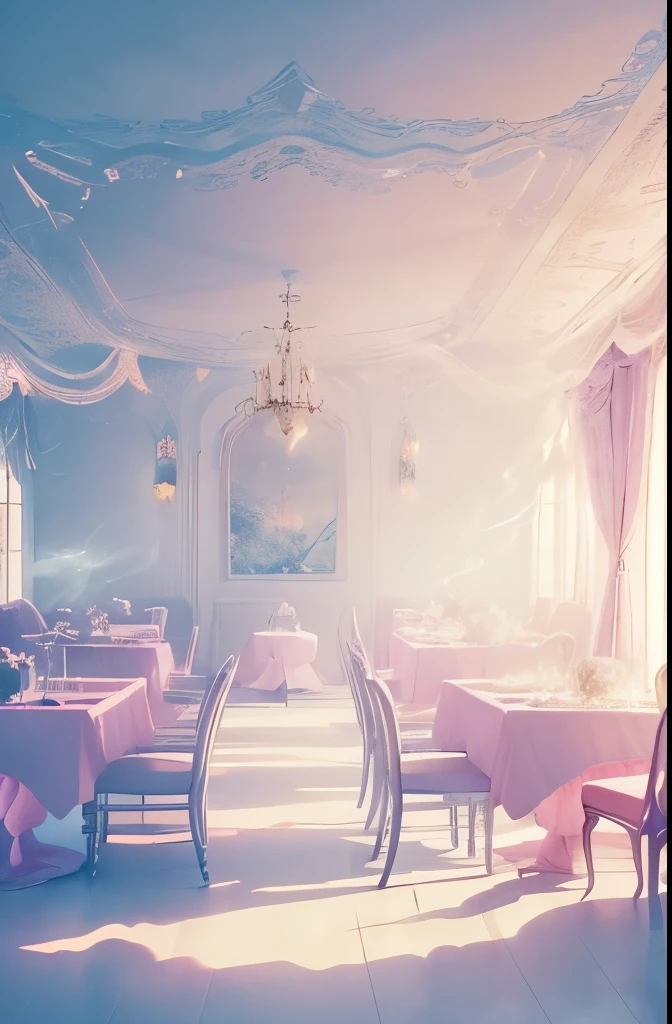 there is a cloud filled room with tables and chairs, ethereal and dreamy theme, dreamy atmosphere and drama, very magical and dreamy, cafe in the clouds, smoke filled room, dreamy ethereal vibe, in the white clouds fairyland, cotton candy clouds, sitting in a fluffy cloud, heaven pink, fancy clouds, beautiful cloudy atmosphere, light pink clouds, dreamy and ethereal
