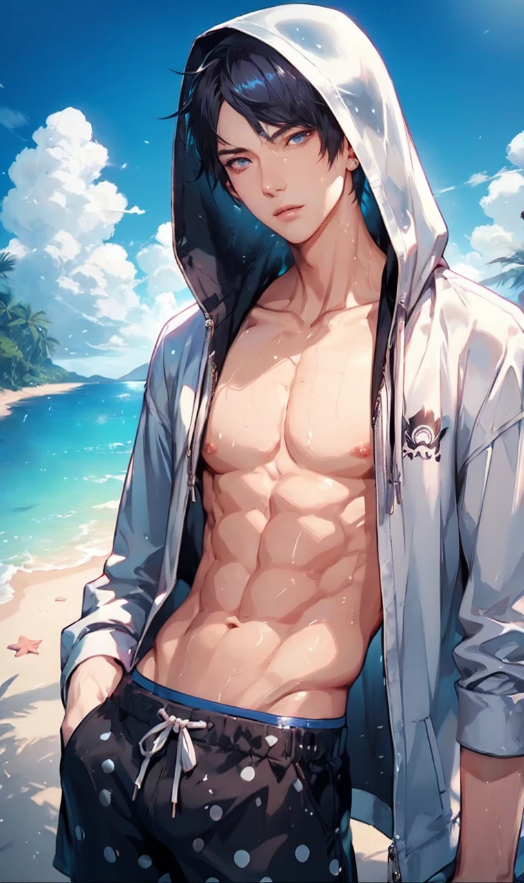 A beautiful anime-style boy with a well-defined sixpack, perfect facial features, detailed eyes, sharp jawline, piercing gaze, intricate hair, glowing skin, dynamic pose, dramatic lighting, vibrant colors, cinematic composition, intricate details, highly detailed, 8k, photorealistic, masterpiece