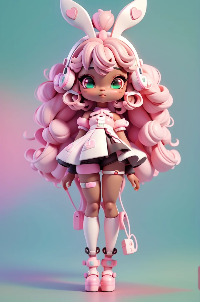 (full body);Create a series of cute black afro dolls chibi style afro skin loli style; cyberpunk style; 3d; cute; 3d toy art; toy art; anime style; glitter; color pink; color white; Bunny details; cyberpunk details; robot limbs; wavy and curly hair; eyes must be large and apathetic, with long eyelashes and slightly pinkish cheeks; mechanical bunny eared headset; use all of the colors listed: pink, white, green, yellow, and orange