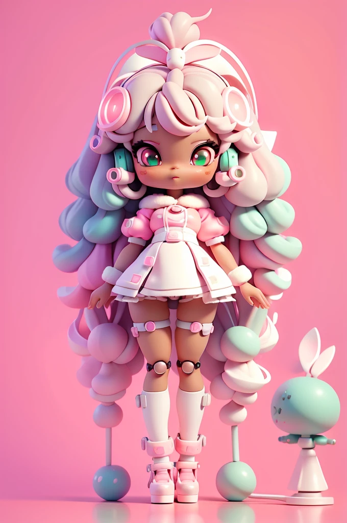 (full body);Create a series of cute black afro dolls chibi style afro skin loli style; cyberpunk style; 3d; cute; 3d toy art; toy art; anime style; glitter; color pink; color white; Bunny details; cyberpunk details; robot limbs; wavy and curly hair; eyes must be large and apathetic, with long eyelashes and slightly pinkish cheeks; mechanical bunny eared headset; use all of the colors listed: pink, white, green, yellow, and orange