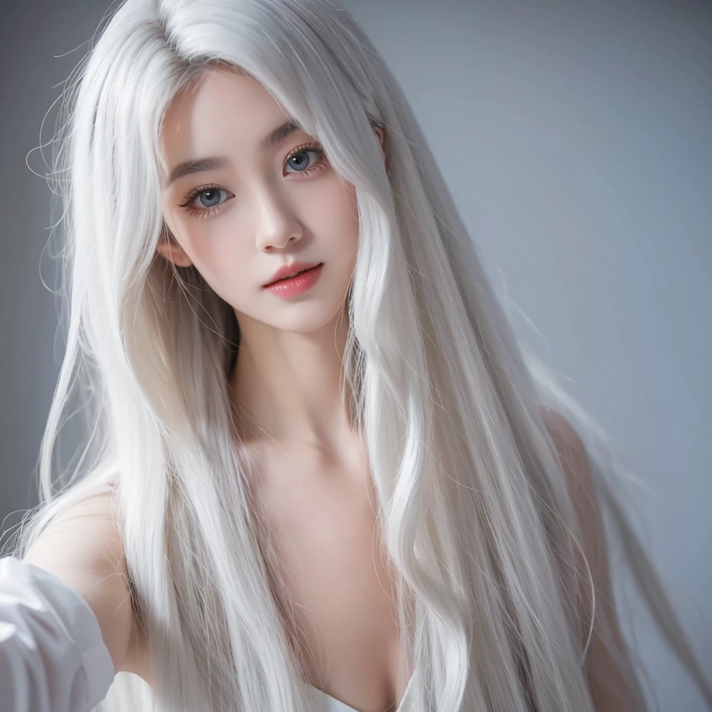 1 woman, White long curly hair,Natural and beautiful hair,The background is simple, clean and beautiful. White hair, selfie. Gamer.