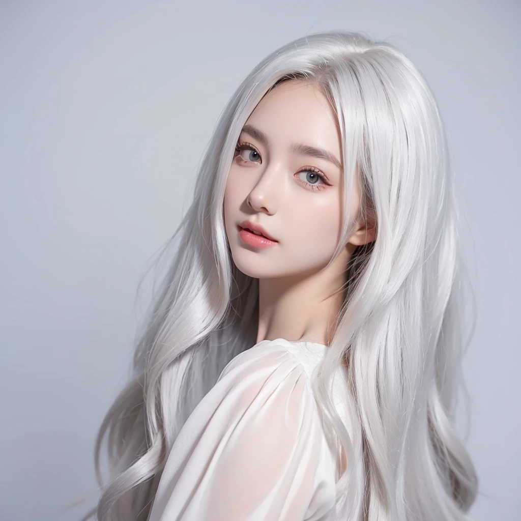 1 woman, White long curly hair,Natural and beautiful hair,The background is simple, clean and beautiful. White hair, selfie. Gamer.
