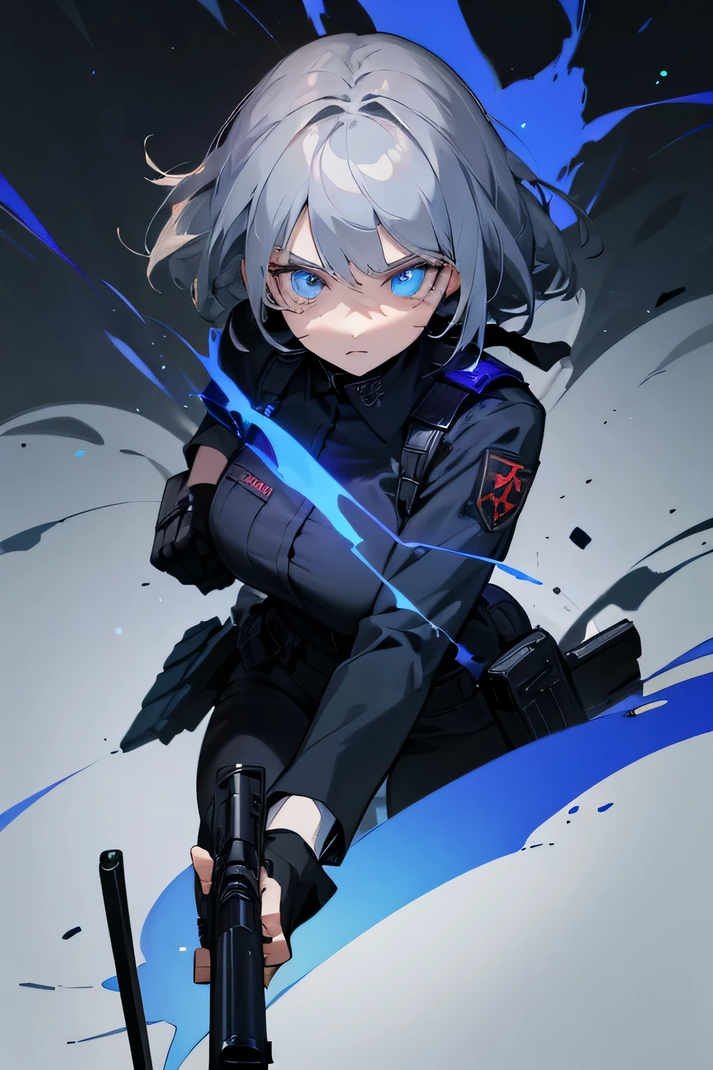 High quality, 4k, hd, grey hair, female, holding a gun, demonic eyes, black military outfit, masterpiece, dark background, apocalypse background , glowing blue eyes, looking at viewers