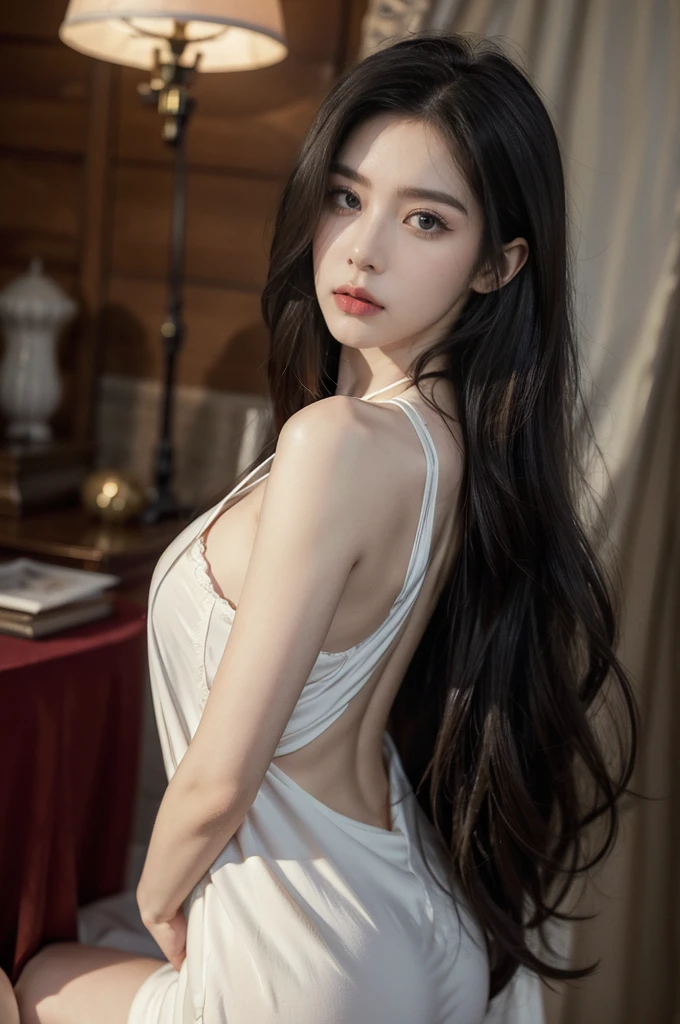 (((best quality))), (((ultra detailed))), (((masterpiece))), illustration,a beautiful girl,solo,slim,thin,messy hair,shoulder length straight bob hair,Dark Circles,Eyes shot,(sad expression:1.3),sitting on the bed,in a bedroom,halter lace nightgown, deep in thought, dimly lit room, soft glow of a digital clock, dark curtains, seclusion and introspection, disheveled hair, shadowed eyes, sleeplessness, delicate features, fragile beauty, pale skin, rouge on cheeks, heavy atmosphere, silence, soft hum of a refrigerator, woman's expression of deep contemplation, searching eyes, capturing the essence of struggle, vulnerability,(dark night scene:1.3),from back,bare back,towering hips,butt crack