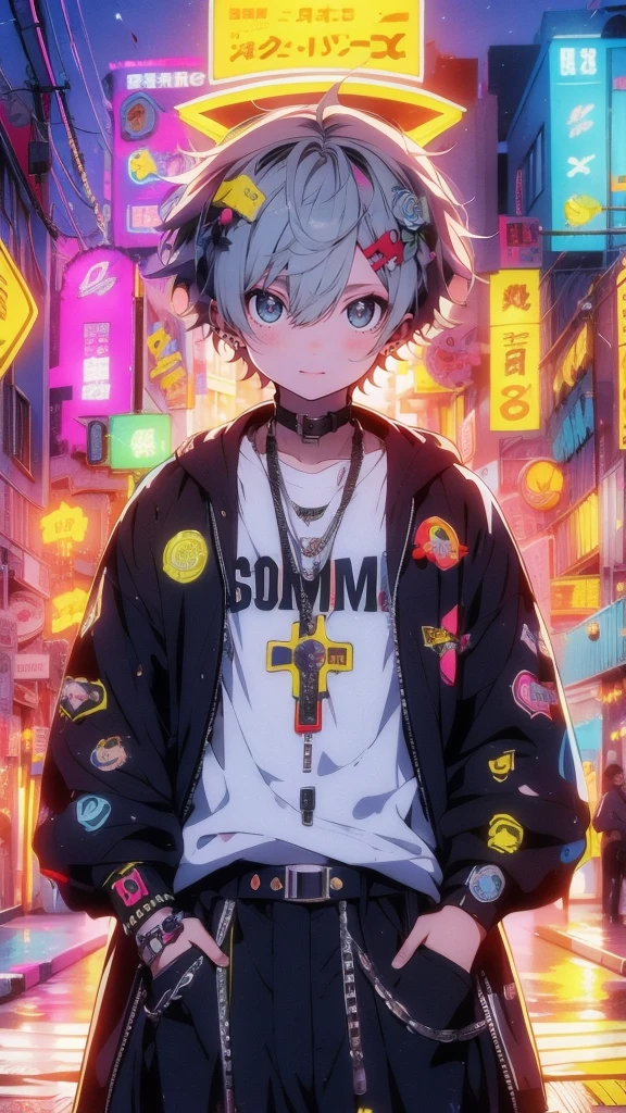 A solo boy teenager standing in a vibrant street filled with colorful graffiti, with several smiley faces and 'Bomma' badges on the walls, wearing church-inspired fashion. The scene is lively, with a hint of rebellion and urban culture. Cha Cha dancing in the background, neon lighting, vibrant colors, dynamic angle, high contrast, abasterpiece)), ((best quality)), ultra detailed,((illustration)), dynamic angle, detailed light, (delicate eyes), (ahoge:0.8),apathy, ray，frontage，style of anime4 k， 4k anime wallpaper， badass anime 8 k， 4 k comic wallpaper