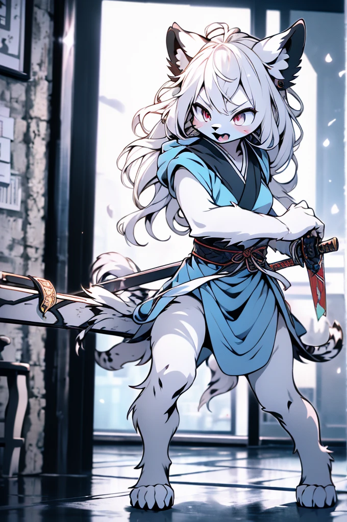 {quality\(8K,Extremely detailed CG unit wallpaper, masterpiece,high resolution,top-quality,top-quality real texture skin,Surrealism,提high resolution,RAW photos,Best quality,Very detailed,,light,Ray Tracing,Golden Ratio\),furry，furry，hairy，hairy，White Tiger少女，White Tiger，White Tiger，White Tiger，tiger，White Tiger，White Tiger少女，全身White hair，White Hair，White hair，Snow background，Snow and ice theme，Hanfu，Hanfu下摆，遮住大腿的Hanfu下摆，穿着Hanfu，中式Hanfu，手持Long Sword，Sword in hand，Martial arts style，手持Long Sword的White Tiger少女，Full body close-up，Lean forward，Juhechop，Draw the sword and cut，手持Long Sword，持有Long Sword，拿着Long Sword，Long Sword，Long Sword，Long Sword，Highlight the role，Sassy，Cold，poker face，Loose long hair，Loose long hair，Cold气质，Loose long hair，Cold，Blood-red eyes，Maniac