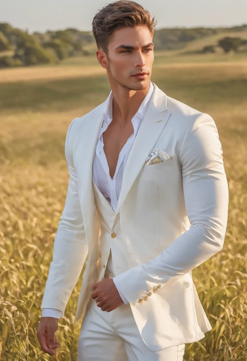 Candid Vogue fashion editorial shot of 2man, mixed of male supermodel, 24-37 year old, an attractive and charming,, masculine appearance, slender, delicate and symmetrical face, natural olive skin tone, (wearing white outfits with sheer rainbow color fabric details), a graceful contrapposto stance (in the field), backdrop of light rainbow in the sky, Illuminate with soft diffused lighting to create a dreamlike celestial atmosphere, capturing the delicate interplay of light and shadow on face and body, ((full body shot)), wide-angle lens on a high-resolution DSLR camera to capture the grandeur and intricate details of the setting, while shooting dynamic angle to emphasize the model's majestic presence, Canon EOS R6, Sigma AF 85mm F1.4 EX DG HSM by Thomas Synnamon, professional fashion photographer, The overall mood blend the classical elegance of the modern, high-fashion aesthetic, producing an image that feels both timeless and contemporary, raw photo, ((masterpiece)), ((best quality)), High Resolution, (ultra_realistic), (photorealistic, ((Pay attention to the layer and arrangement of model and surrounding objects)), ((Pay attention to the body composition)), ((Correct body structure)), ((Correct photo distance)), romantic atmosphere, lively extremely Gorgeous background), gay, LGBTQ,