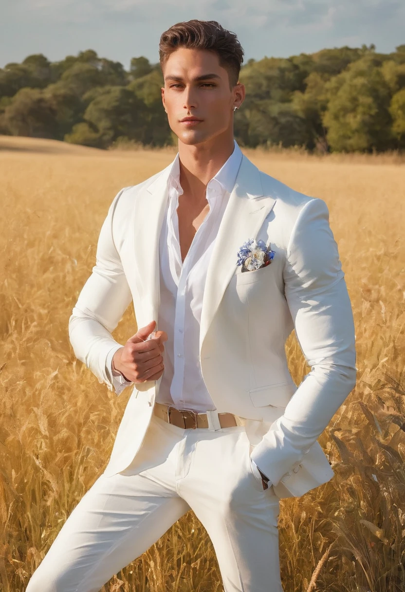 Candid Vogue fashion editorial shot of 2man, mixed of male supermodel, 24-37 year old, an attractive and charming,, masculine appearance, slender, delicate and symmetrical face, natural olive skin tone, (wearing white outfits with sheer rainbow color fabric details),  a graceful contrapposto stance (in the field), backdrop of light rainbow in the sky, Illuminate with soft diffused lighting to create a dreamlike celestial atmosphere, capturing the delicate interplay of light and shadow on face and body, ((full body shot)), wide-angle lens on a high-resolution DSLR camera to capture the grandeur and intricate details of the setting, while shooting dynamic angle to emphasize the model's majestic presence, Canon EOS R6, Sigma AF 85mm F1.4 EX DG HSM by Thomas Synnamon, professional fashion photographer, The overall mood blend the classical elegance of the modern, high-fashion aesthetic, producing an image that feels both timeless and contemporary, raw photo, ((masterpiece)), ((best quality)), High Resolution, (ultra_realistic), (photorealistic, ((Pay attention to the layer and arrangement of model and surrounding objects)), ((Pay attention to the body composition)), ((Correct body structure)), ((Correct photo distance)), romantic atmosphere, lively extremely Gorgeous background), gay, LGBTQ,