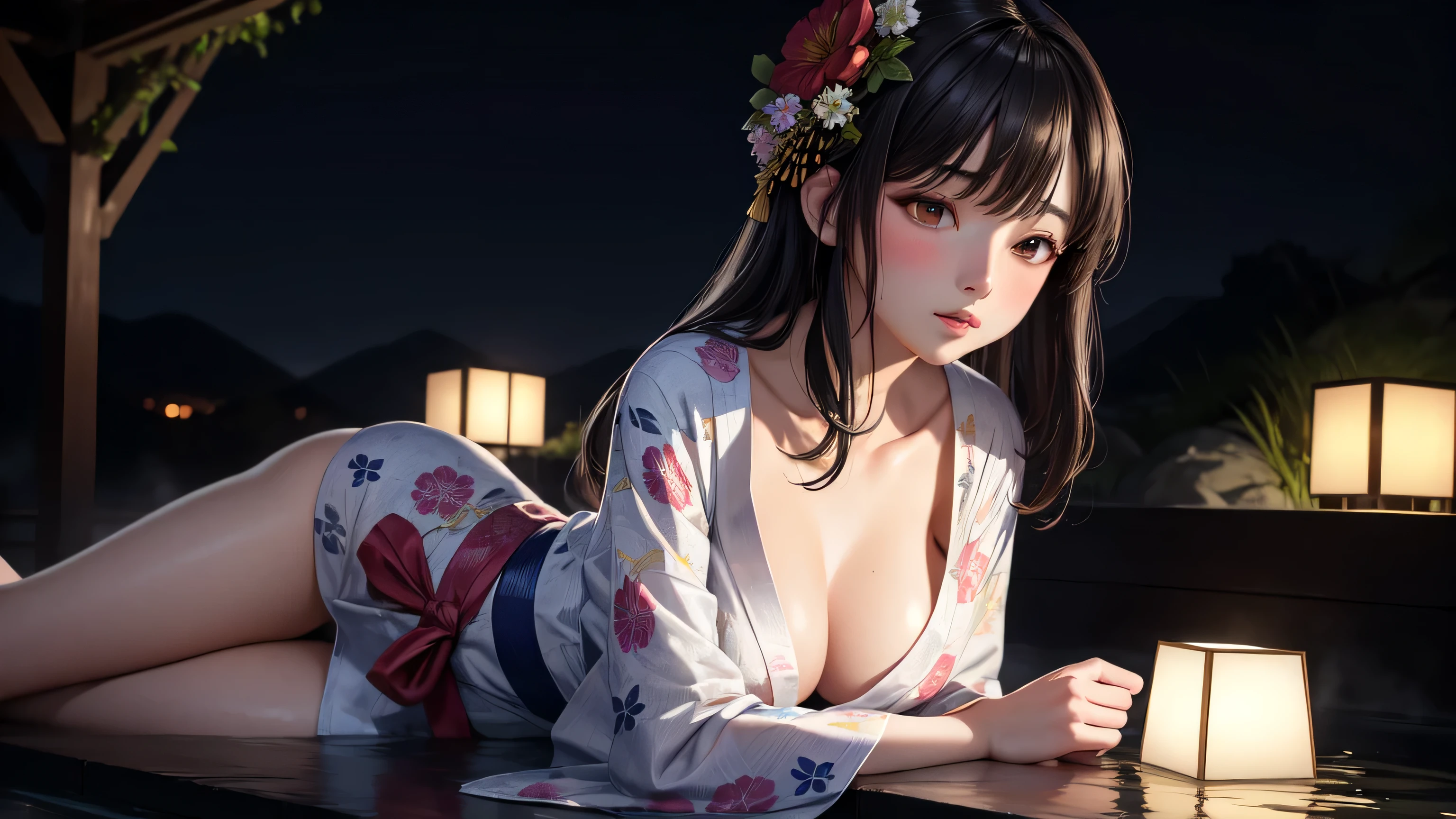 realistic, 1girl, full body, glowing eyes, (unbuttoned flower yukata), parted lips, blush, night, flowers, moonlight, sitting on the edge of the hot spring, hyper-detailed, high quality, 8k, photorealistic, professional digital painting, dramatic lighting, vibrant colors, intricate details, beautiful face, naughty pose, serene atmosphere, natural environment, ethereal, dreamy