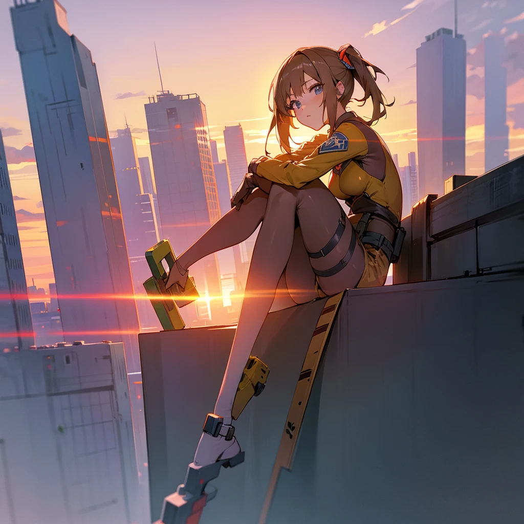 Anime girl with builder suit, Sitting at the edge of a tall building, holding a construction tool, beautiful city sunset on background
