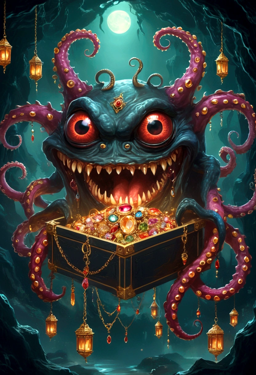 dark,fear,Strange box monster full of jewels - one eye - sharp teeth - ugly,Long tentacles,Scattered jewelry,greedy