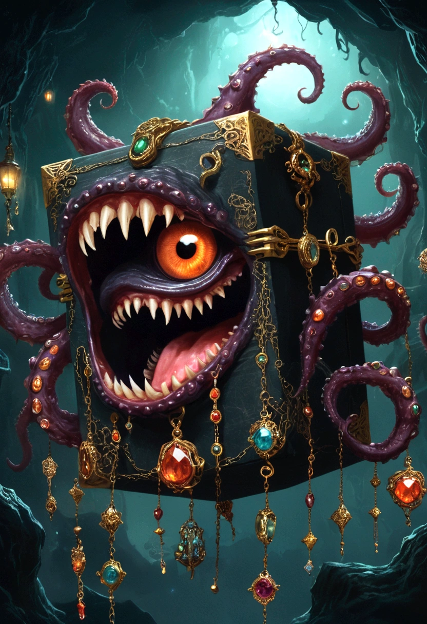 dark,fear,Strange box monster full of jewels - one eye - sharp teeth - ugly,Long tentacles,Scattered jewelry,greedy