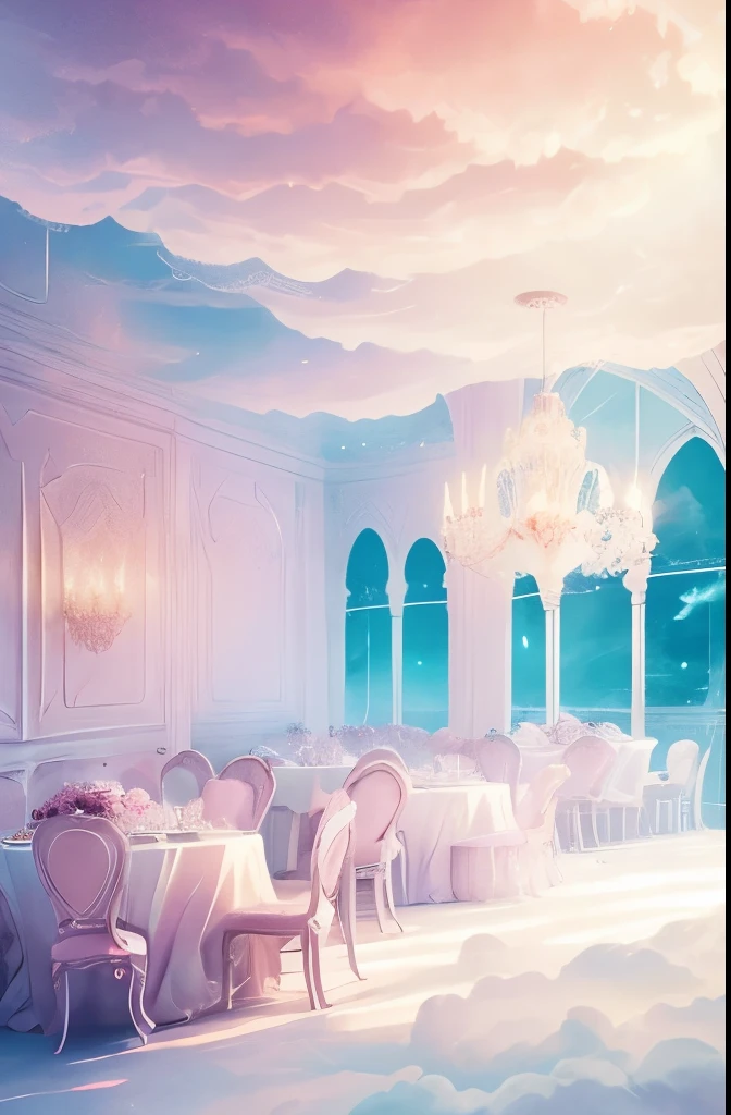 there is a cloud filled room with tables and chairs, ethereal and dreamy theme, dreamy atmosphere and drama, very magical and dreamy, cafe in the clouds, smoke filled room, dreamy ethereal vibe, in the white clouds fairyland, cotton candy clouds, sitting in a fluffy cloud, heaven pink, fancy clouds, beautiful cloudy atmosphere, light pink clouds, dreamy and ethereal