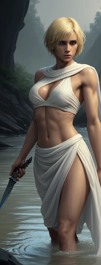 A fit woman comes out of a river covering her body with a white sheet.
In his hand he carries a dagger and his gaze is threatening..
He has short blonde hair. 