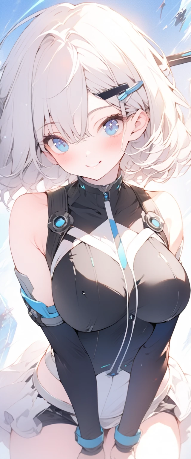 beautiful, masterpiece, Highest quality, anime, One girl, C Cup,Portrait Shot, View your viewers, Covered、Short Hair、nearby、Blue Eyes、art、、White hair,Blue streaked hair、wallpaper、hairpin、Cute smile、Thighs、、Sci-fi hair accessories、Sci-fi knee-high boots、Cute、Sci-fi underskirt、Sci-fi combat uniform、blue sky、Beautiful breasts、Sci-fi body harness、Sci-fi under harness