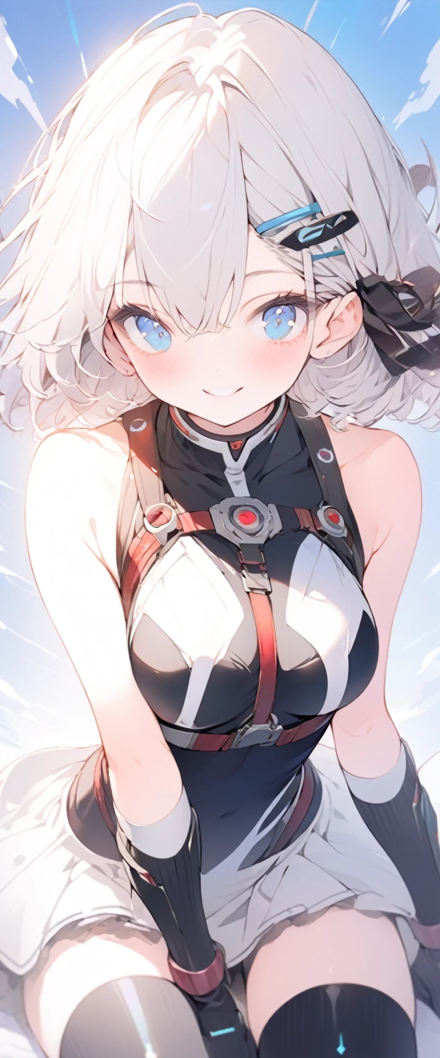 beautiful, masterpiece, Highest quality, anime, One girl, C Cup,Portrait Shot, View your viewers, Covered、Short Hair、nearby、Blue Eyes、art、、White hair,Blue streaked hair、wallpaper、hairpin、Cute smile、Thighs、、Sci-fi hair accessories、Sci-fi knee-high boots、Cute、Sci-fi underskirt、Sci-fi combat uniform、blue sky、Beautiful breasts、Sci-fi body harness、Sci-fi under harness
