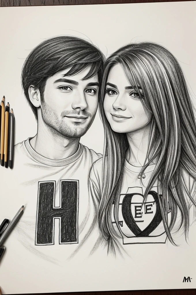 A drawing with a heterosexual couple, The woman has an E on her clothes and the man has an M on his.