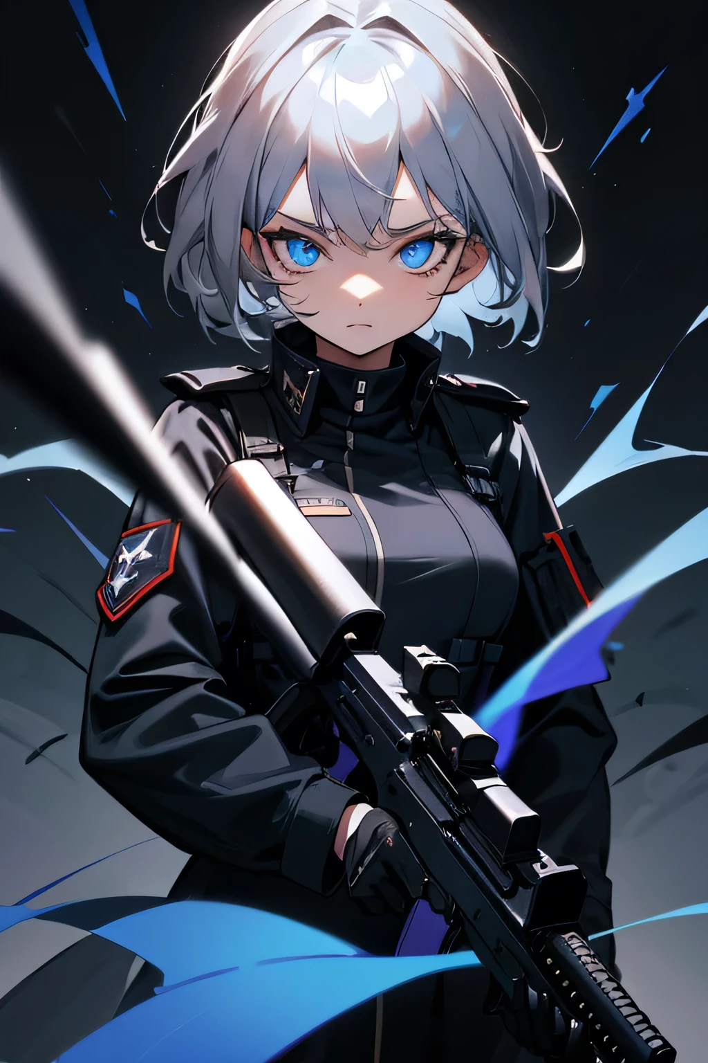 High quality, 4k, hd, grey hair, female, holding a gun, demonic eyes, black military outfit, masterpiece, dark background, apocalypse background , glowing blue eyes, looking at viewers