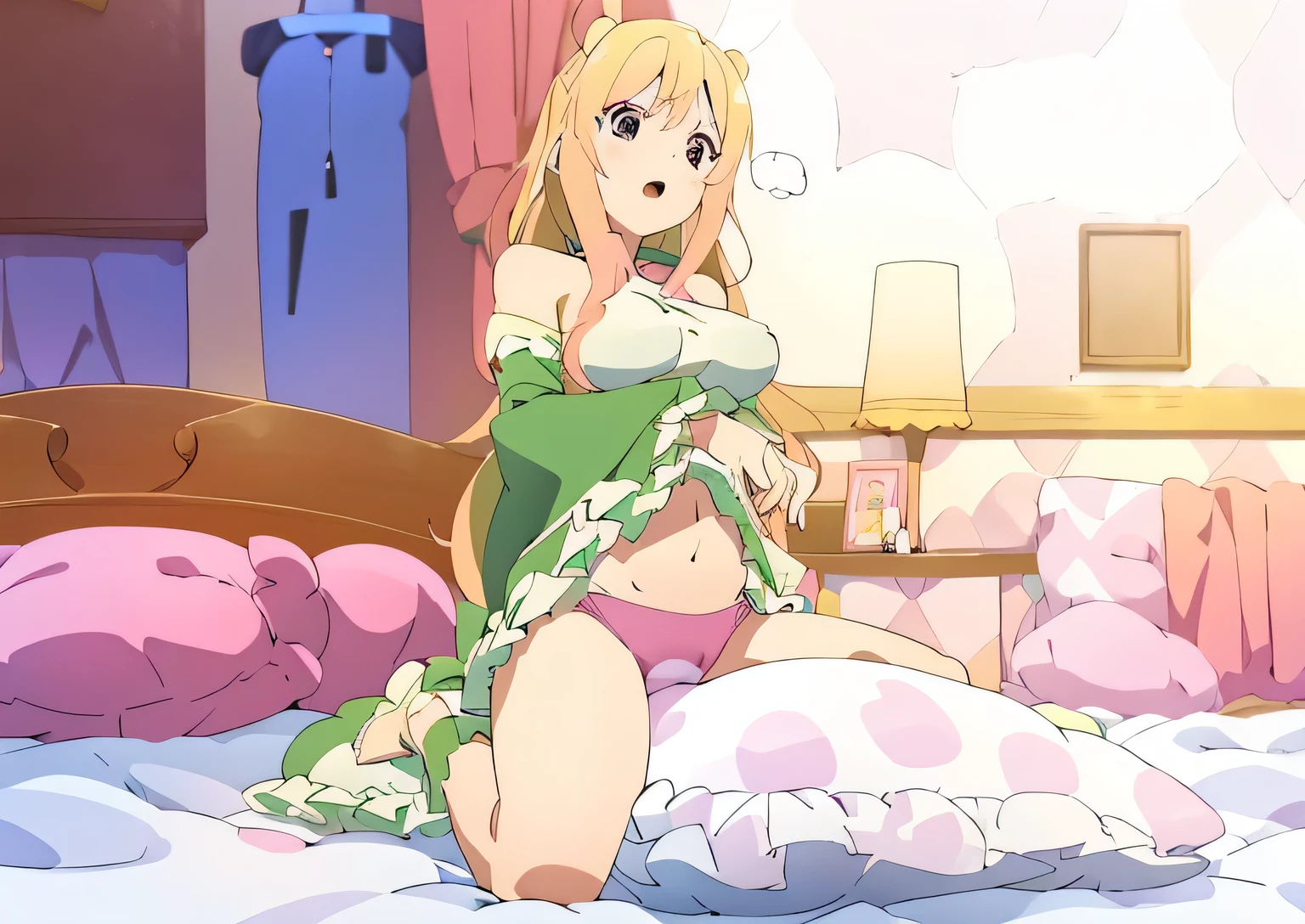 （best quality， masterpiece），mine   , details), (Light and shadow oxtail  , bed background, Cute girl posing on pillow ，Pillow,（piles of Pillow），Upholstered，（（four poster bed）），Soft pillow quotation，Lots of Pillow，（Pillow），The love surrounding the protagonist，steam，Luxury Pillow），（luxury bed），（Gorgeous pattern pillow），luxurious pillow，（bedroom ），pillow ，hump，open mouth，red eyes ,  kneeling,（Love around the protagonist），（Steaming hot），（pillow）,Four poster bed，Canopy bed，Lots of pillow heads，princess bed  , frilled pillow  ,   long hair  ,  frilled pillow ,  (pink polka dot pillow)