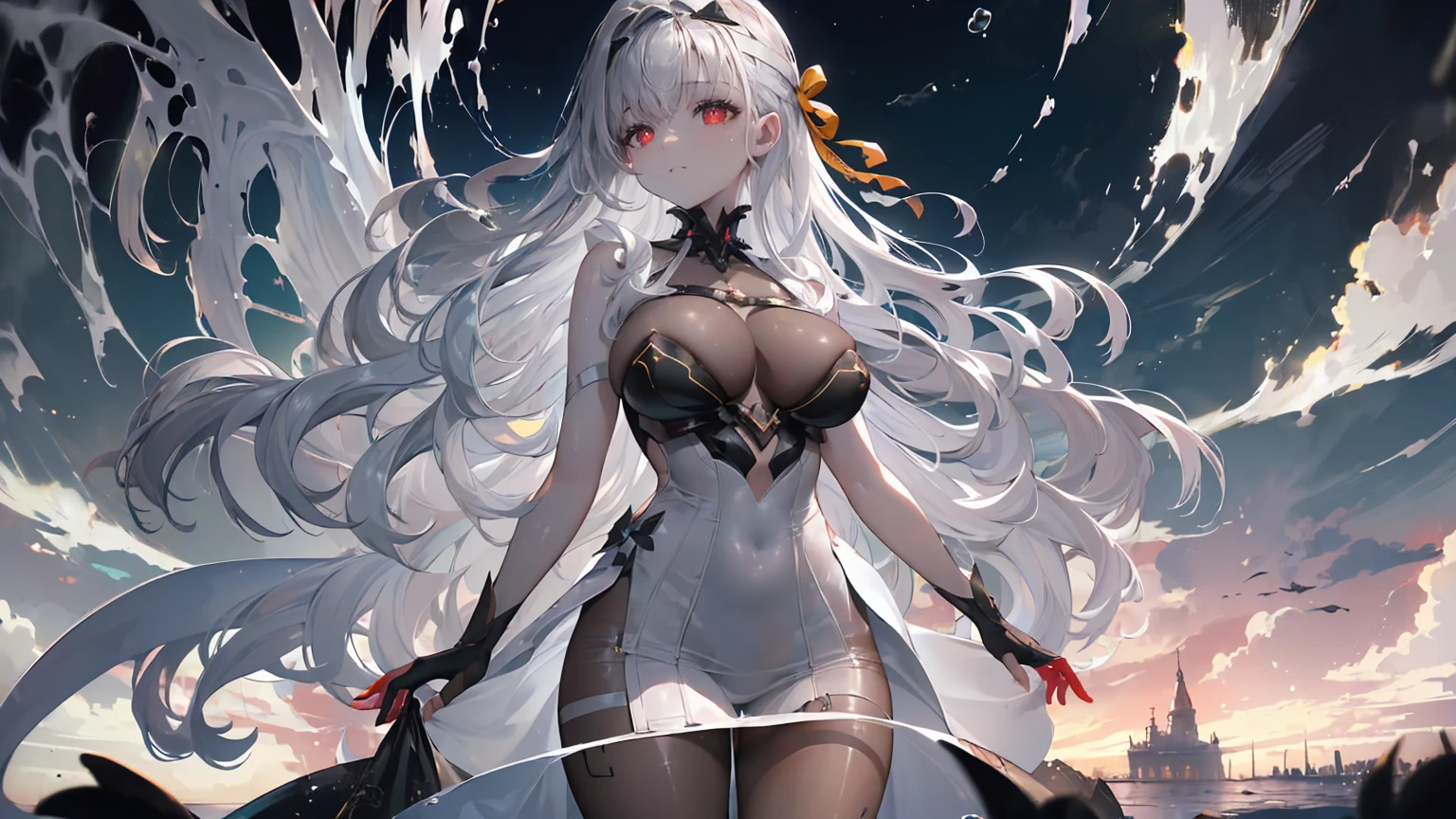 ((((Obra maestra, La mejor calidad, ultrahigh resolution)))), 1girl, standing, (cute maid costume), ((long pure silver hair and grey mesh hair, hair over eye)), long hair cut, pale skin, ((red eyes)), glowing_eyes, neon eyes, (ultra detailed eyes:0.7, beautiful and detailed face, detailed eyes:0.9), ((centered)), smile, ((wide shot)), facing viewer, ((vibrant background, bright lighting, summer, sunlight)), flat chested, looking at viewer, ((half closed eyes)), ((perfect hands)), (((head:1, arms, hips in view, elbows, arms, legs, in view))), ((hands behind back)), empty eyes, beautiful lighting, ((outside, outdoors)), defined subject, head tilt, (((gritty)), ((creepy)), ((cool)), ((beautiful)), (((SFW)))