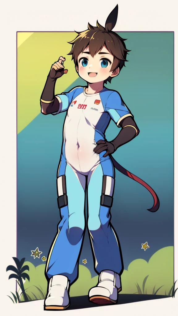((A boy)),(Youthful feeling),One-piece mountaineering suit,Slender figure,Healthy limbs,Goggles,Fingerless gloves,Cotton socks,Short sleeve,stand up,happy,Rabbit ears,Rabbit Tail