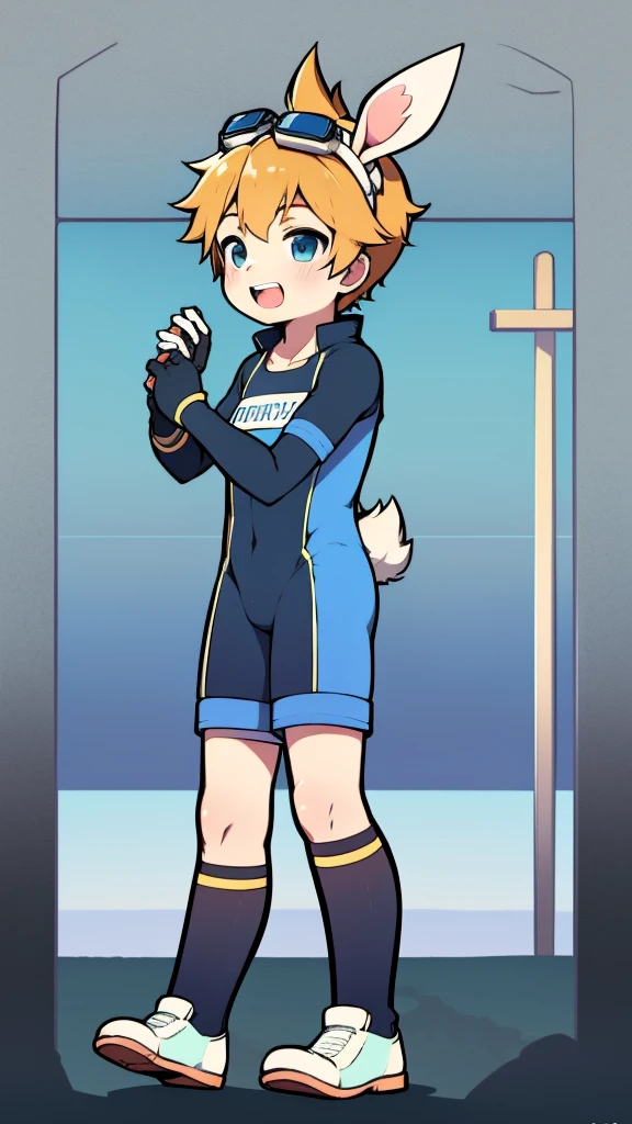 ((A young boy)),(Youthful feeling),One-piece mountaineering suit,Slender figure,Healthy limbs,Goggles,Fingerless gloves,Cotton socks,Short sleeve,stand up,happy,Rabbit ears,Rabbit Tail