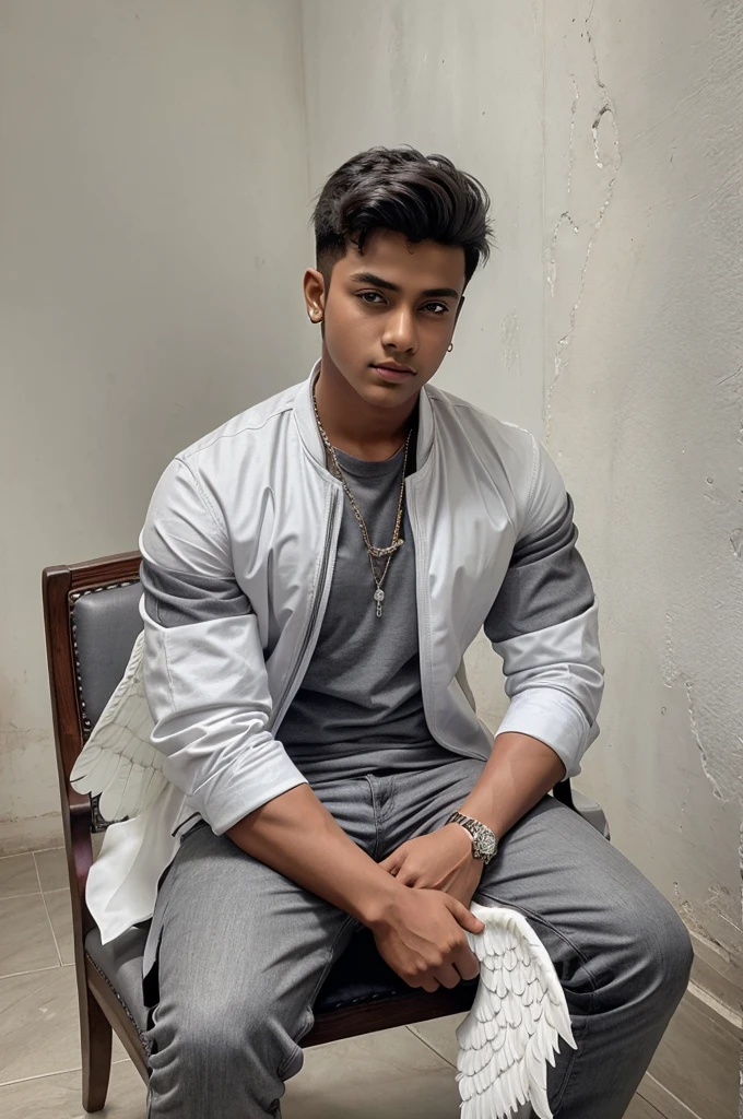 Create image a 18 year old boy is sitting on a king chair with white wings and behind him the color of the wall  is gray on which "D BOSS LOVER CHETU" is written in curve style
