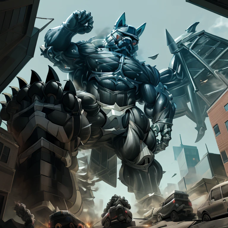 (masterpiece. official art. 8k. best quality. detailed full body. full body.)
(situation 1 : dominating LUCARIO. focus GIANT mechanical Muscular LUCARIO is trampling the CITY. macro. stomp. Low-angle perspective. emphasizing the immense size. The perspective is from below, emphasizing the sheer majesty and power of the Giant. giant art. He is much bigger than a skyscraper. Giga Giants. micro soccer field. looking down.)
(situation 2 :smoke and flames rising from the destruction in the city)
(Additional details 1: wearing a full-face helmet. helmet is jet black. The color of NANOSUIT is jet black. high-tech bio-mecha armor. real texture material. whole body shines like metal. Wearing cyberpunk mecha. emphasizes the muscles. suit fully made of metal. intricate armor. Robotic suit. suit fully made of metal. NANOSUIT with the same design as LUCARIO.). (Lucario has 5 toes.)
(Additional details 2: (Detailed head. Detailed Body. Detailed abs. gigantic muscles. HYPER MUSCLES. Gigachad Muscular. big muscle. pecs. triceps. traps. unusually developed muscular body. body full of huge muscles. showing off muscles. pectorales enormes. Exaggeratedly huge muscles. huge muscles. long legs.).
(Additional details 3: nj5furry, Spread wings. It has wings. black have big wings. The claws are sharp. Sharp teeth.5 toes.).