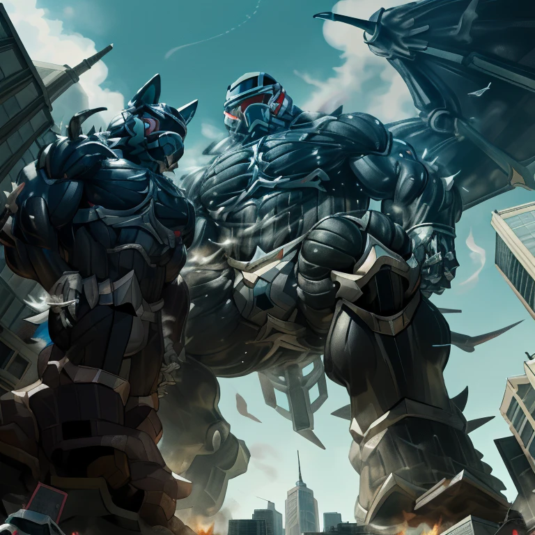 (masterpiece. official art. 8k. best quality. detailed full body. full body.)
(situation 1 : dominating LUCARIO. focus GIANT mechanical Muscular LUCARIO is trampling the CITY. macro. stomp. Low-angle perspective. emphasizing the immense size. The perspective is from below, emphasizing the sheer majesty and power of the Giant. giant art. He is much bigger than a skyscraper. Giga Giants. micro soccer field. looking down.)

(situation 2 :smoke and flames rising from the destruction in the city)

(Additional details 1: wearing a full-face helmet. helmet is jet black. The color of NANOSUIT is jet black. high-tech bio-mecha armor. real texture material. whole body shines like metal. Wearing cyberpunk mecha. emphasizes the muscles. suit fully made of metal. intricate armor. Robotic suit. suit fully made of metal. NANOSUIT with the same design as LUCARIO.). (Lucario has 5 toes.)

(Additional details 2: (Detailed head. Detailed Body. Detailed abs. gigantic muscles. HYPER MUSCLES. Gigachad Muscular. big muscle. pecs. triceps. traps. unusually developed muscular body. body full of huge muscles. showing off muscles. pectorales enormes. Exaggeratedly huge muscles. huge muscles. long legs.).

(Additional details 3: nj5furry, Spread wings. It has wings. black have big wings. The claws are sharp. Sharp teeth.5 toes.). 