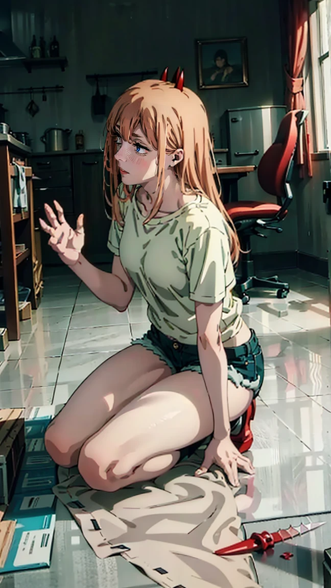 ultra sharp image, beautiful figure, beautiful, full length (full body 1.1.), slender legs, buttocks, slender legs, Wasp waist, erotica, sexy pose, Mouth open in a smile, sharp teeth, laughing,  yellow eyes, ultra detailed face, Ultra transparent, Chainsaw Man Energy, Two red sharp horns on the head, ultra sharp image, very beautiful, long hair, blonde, beautiful figure, tight clothes, T-shirt with the image of a cat, denim shorts, shoes, Red crosses and circles instead of pupils, Beautiful body, sexy clothes, Beautiful eyes, very detailed eyes, Very detailed face, Beautiful body, Chereter Design, Very detailed, detailed body, detailed hands, detailed, bright, detailed Face, sharp focus, clap, Artgerm, anime art, bright, detailed Face, Hugh Details, sharp focus, Very downcast face, detailed eyes, Super lovely illustration, best shadow, finely detail, beautiful detail