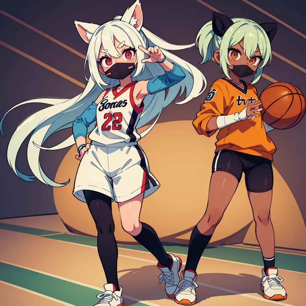 Stand in front of the photo、1girl in, (((dark skin))), Full body, long wild white hair pulled back, sneakers, look of concentration, kawaii pose, sporty, basketball, Wearing colored tights, up of face、Eye Up、Colorcon with heart pattern, basketball clothing, posing with basketball、
